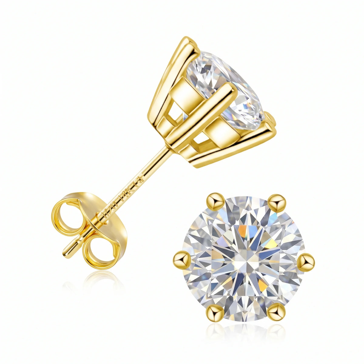 6-prong moissanite solitaire stud earrings in 14K yellow gold filled basket setting shown front view and side view on a plain background - Sensitive Stones