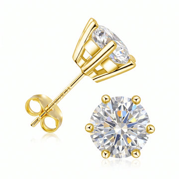 6-prong moissanite solitaire stud earrings in 14K yellow gold filled basket setting shown front view and side view on a plain background - Sensitive Stones