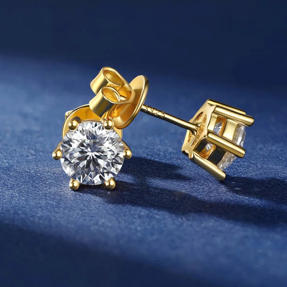 6-prong moissanite solitaire stud earrings in 925 sterling silver and 18k gold plating with precision 8 hearts & 8 arrows cut, front and back view - Sensitive Stones