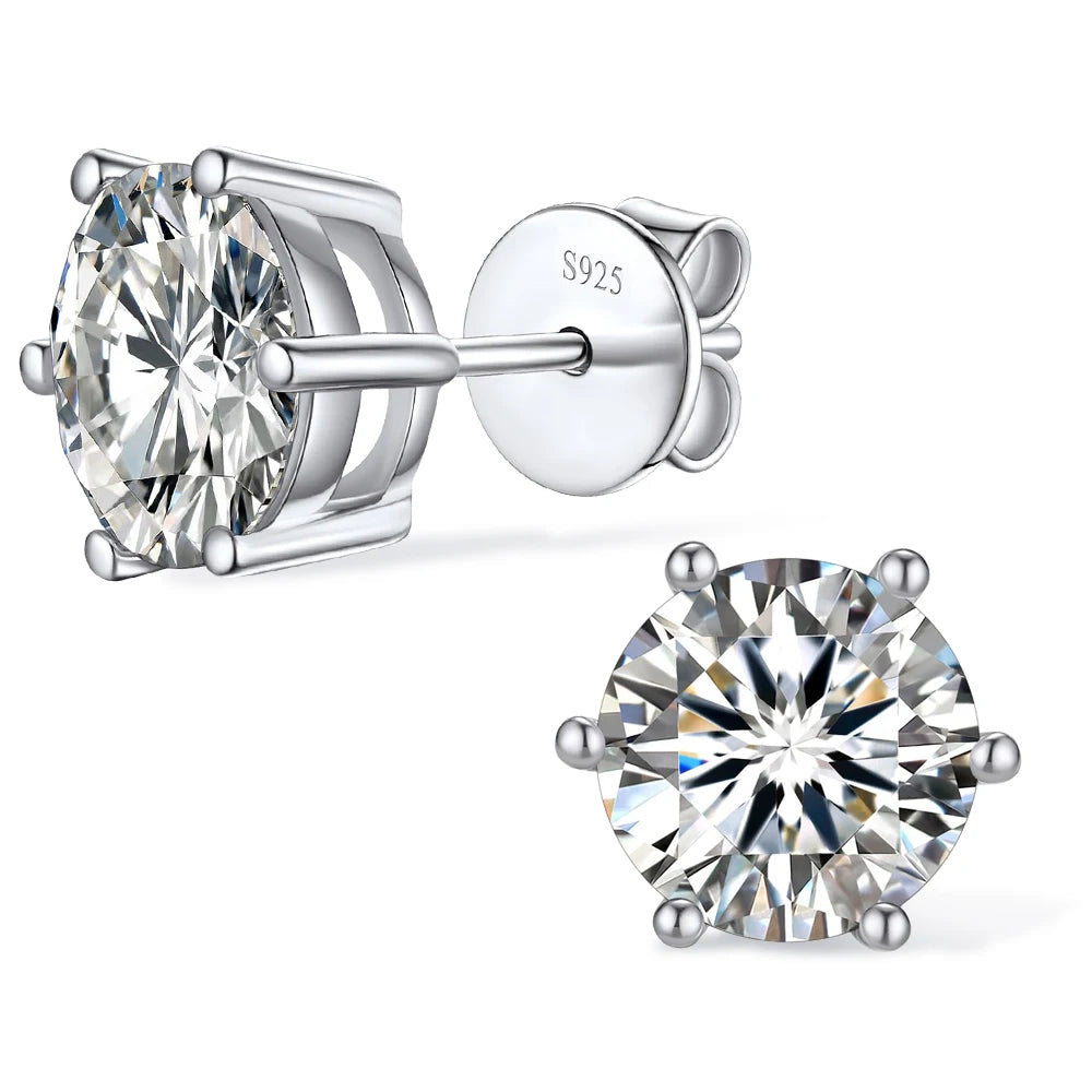 6-prong moissanite solitaire stud earrings in 925 sterling silver with butterfly back, D color VVS1, showing front and back view - Sensitive Stones