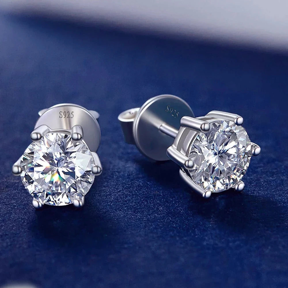 6-prong moissanite solitaire stud earrings in 925 sterling silver with precision 8 hearts & 8 arrows cut, front and back view - Sensitive Stones