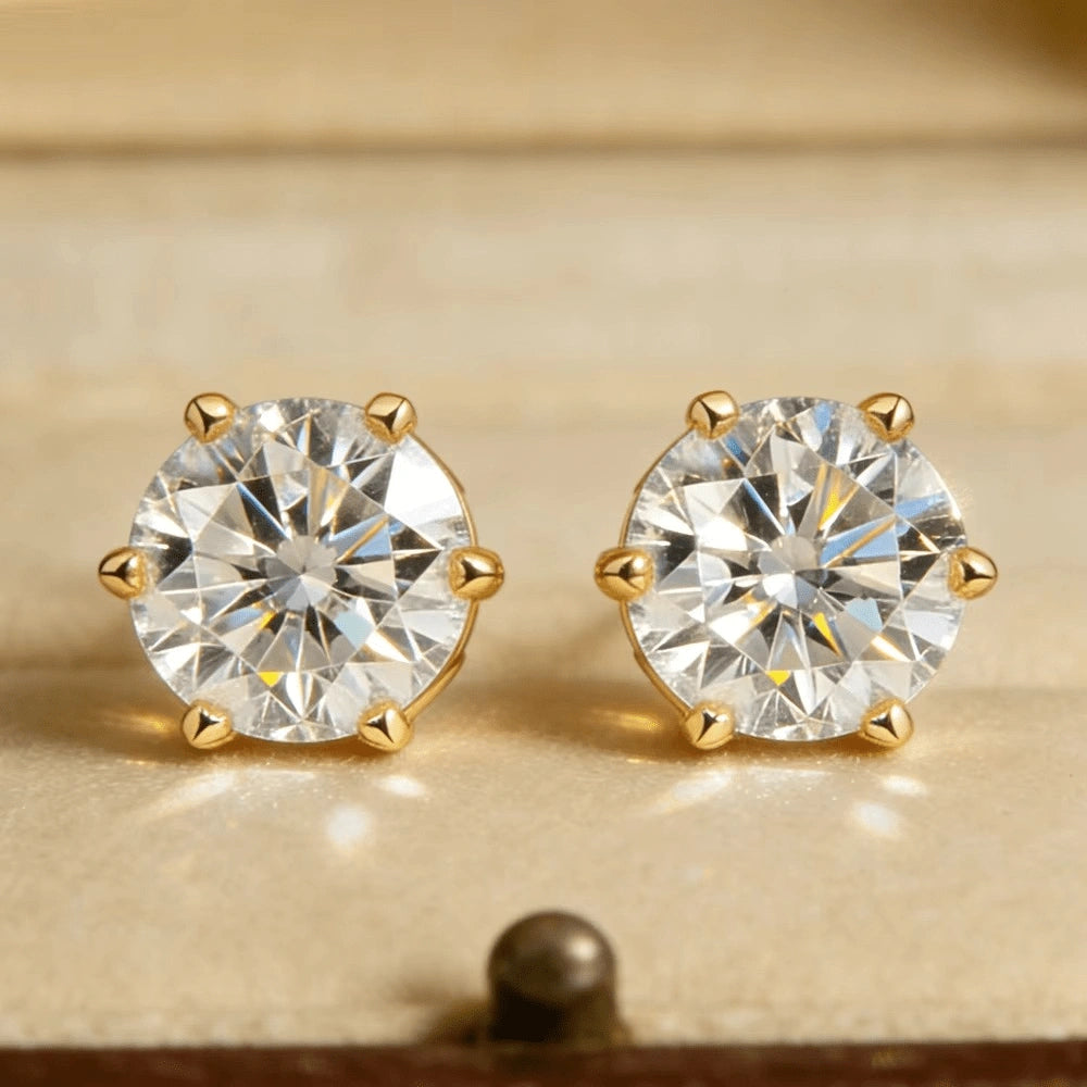 6-prong moissanite solitaire stud earrings in 925 sterling silver and 18k gold plating with precision 8 hearts & 8 arrows cut,front view - Sensitive Stones