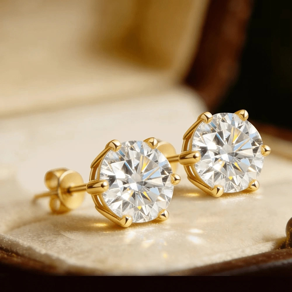 6-prong moissanite solitaire stud earrings in 925 sterling silver and 18k gold plating with precision 8 hearts & 8 arrows cut, side view - Sensitive Stones