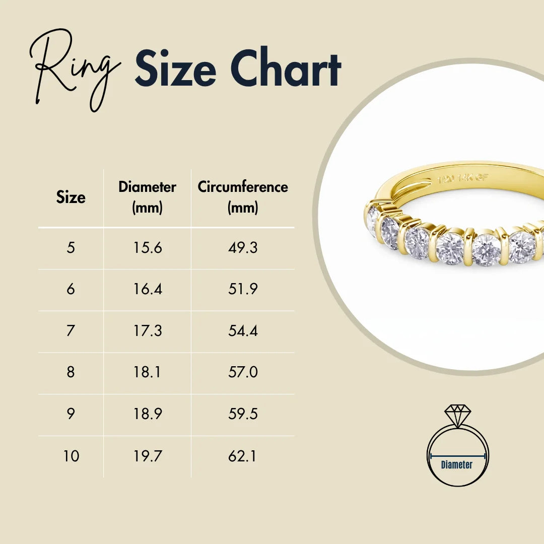 Ring size chart for 14k gold filled moissanite 7-stone row ring sizes 5 to 10 with diameter and circumference in mm - Sensitive Stones