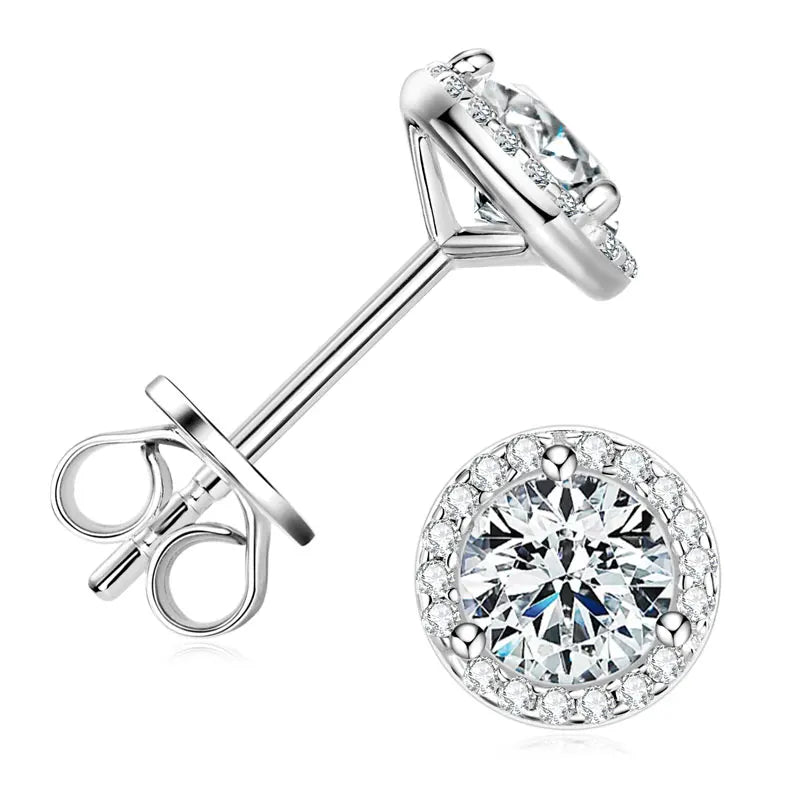925 sterling silver moissanite halo stud earring showing butterfly back closure and round brilliant center stone with halo setting - Sensitive Stones