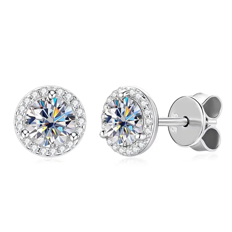  Pair of 925 sterling silver moissanite halo stud earrings with D color VVS1 center stone and full cubic zirconia halo, nickel-free for sensitive skin - Sensitive Stones