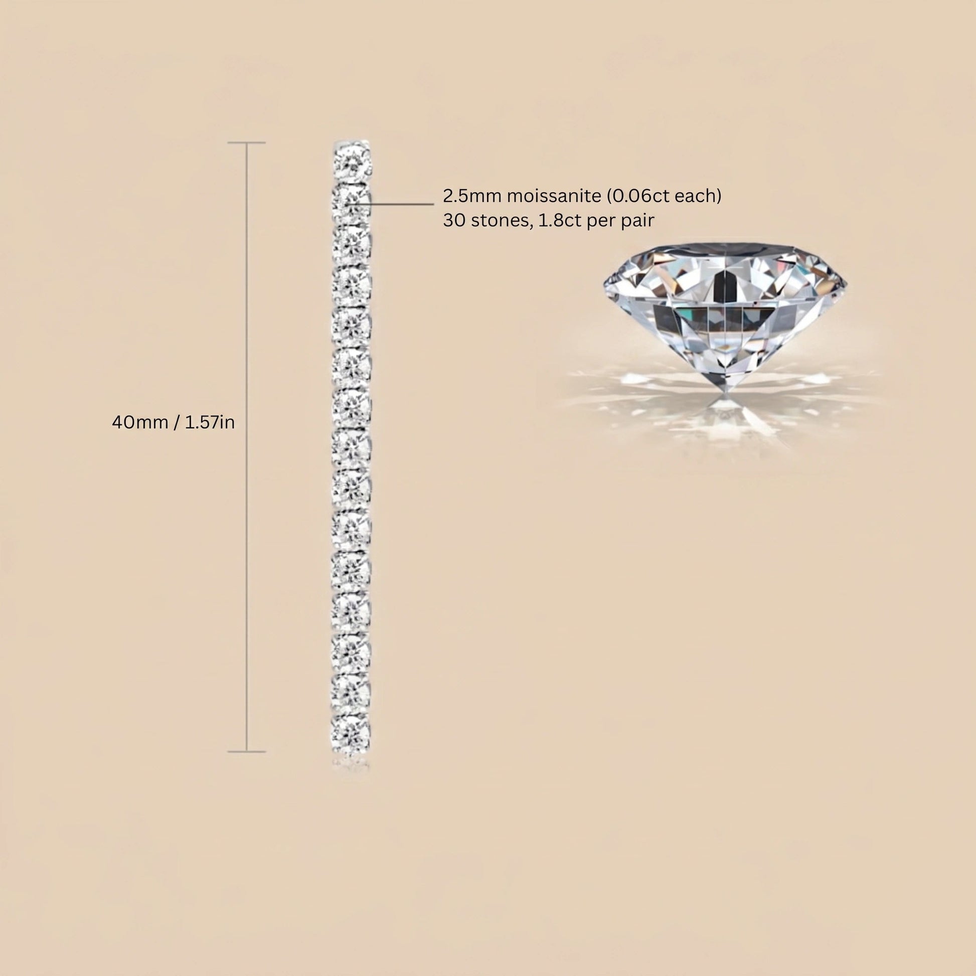1.8ct moissanite linear drop earrings size chart showing 40mm drop length with 30 prong-set 2.5mm VVS1 moissanite stones in 925 sterling silver