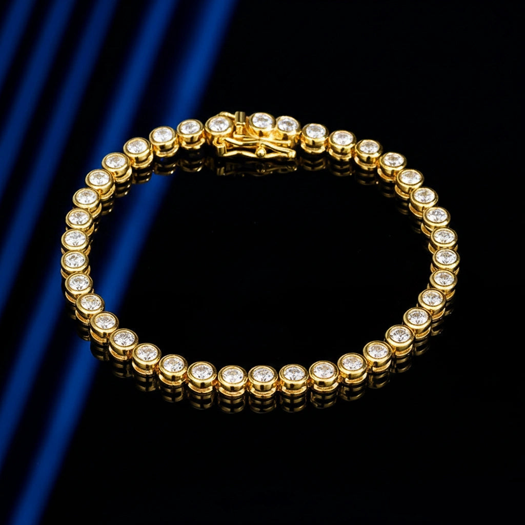 3mm bezel moissanite tennis bracelet with D color VVS1 stones in 925 sterling silver and 18k yellow gold finish, illuminated against a black background to show fire and brilliance - Sensitive Stones