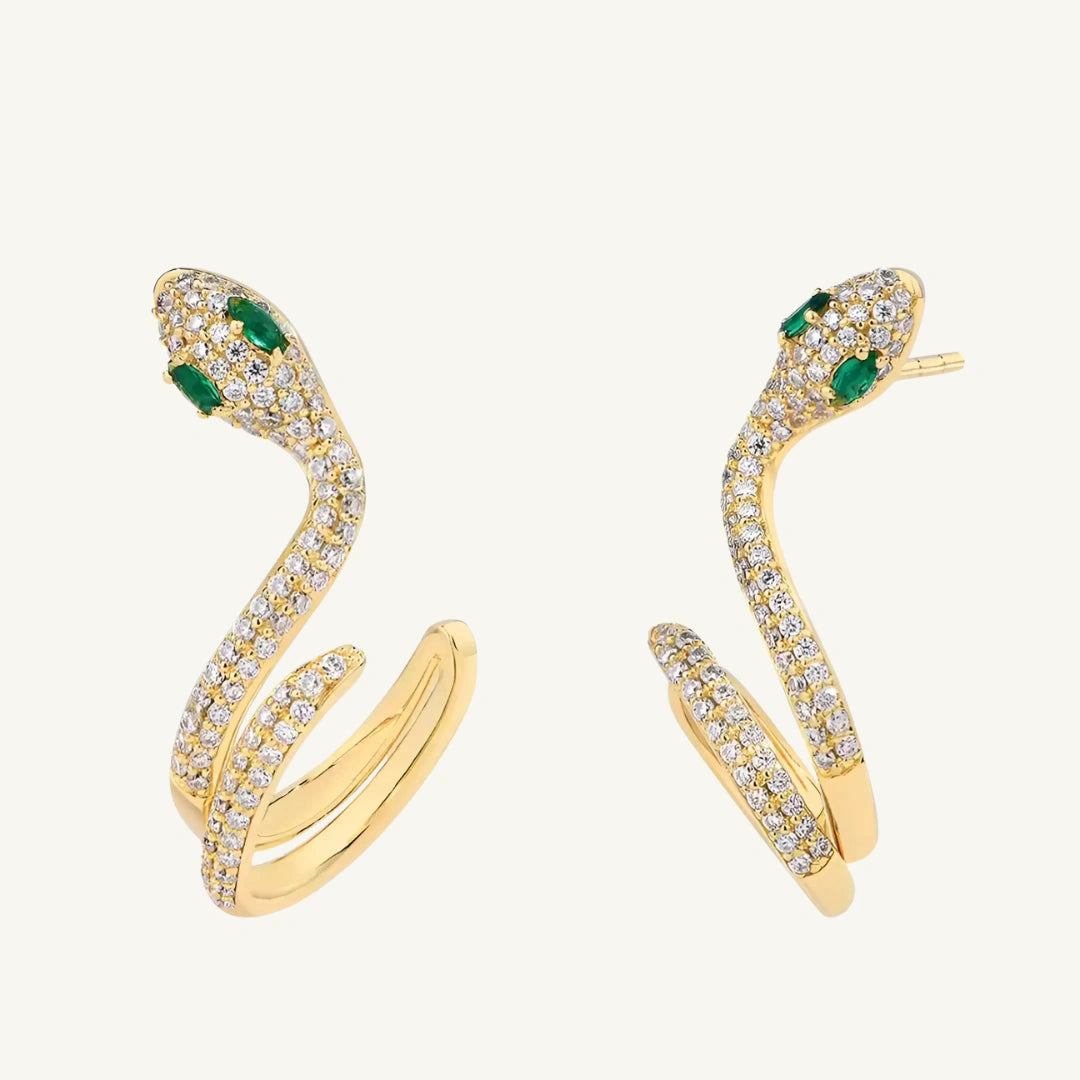 18K gold plated moissanite snake climber earrings with lab emerald on a beige background - Sensitive Stones