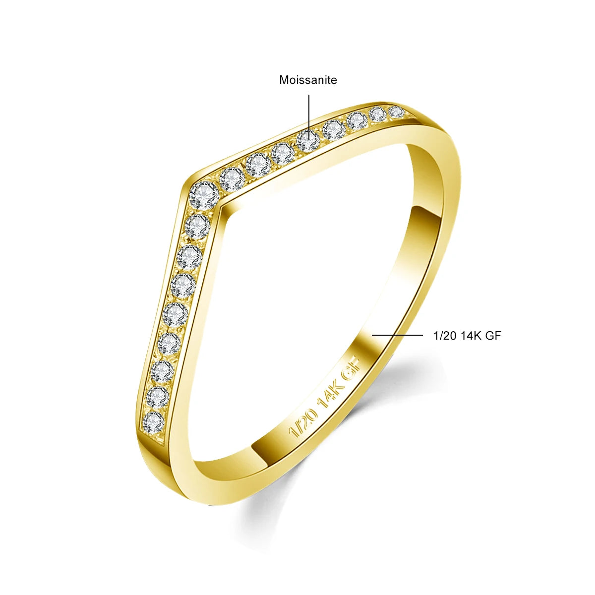 Moissanite V-shaped wedding band specifications, moissanite stones and 1/20 14K GF stamp - Sensitive Stones
