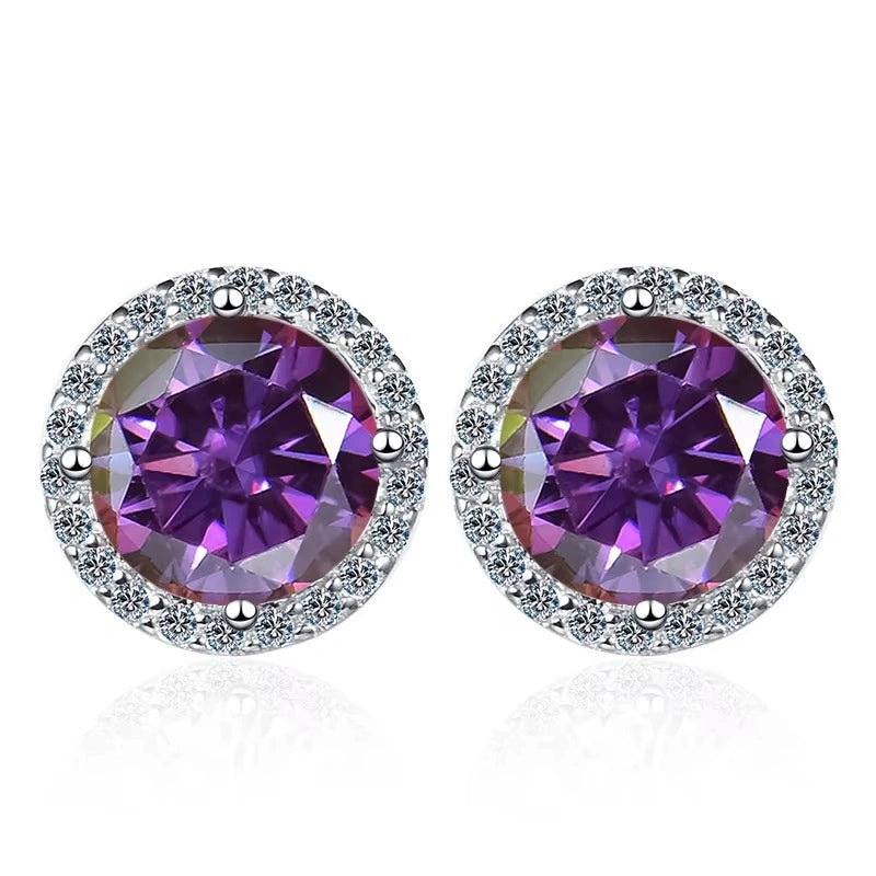 Amethyst purple moissanite halo stud earrings in 925 sterling silver on white background - Sensitive Stones