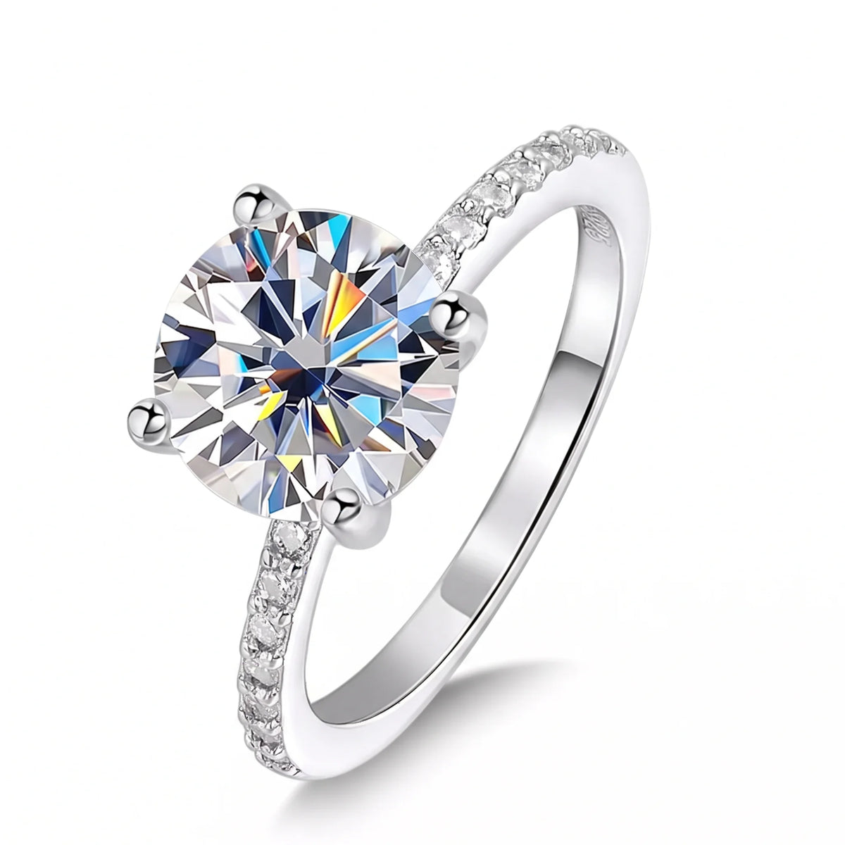 Angled view of the D Color moissanite engagement ring with a solitaire center stone above a 5A cubic zirconia pave band - Sensitive Stones