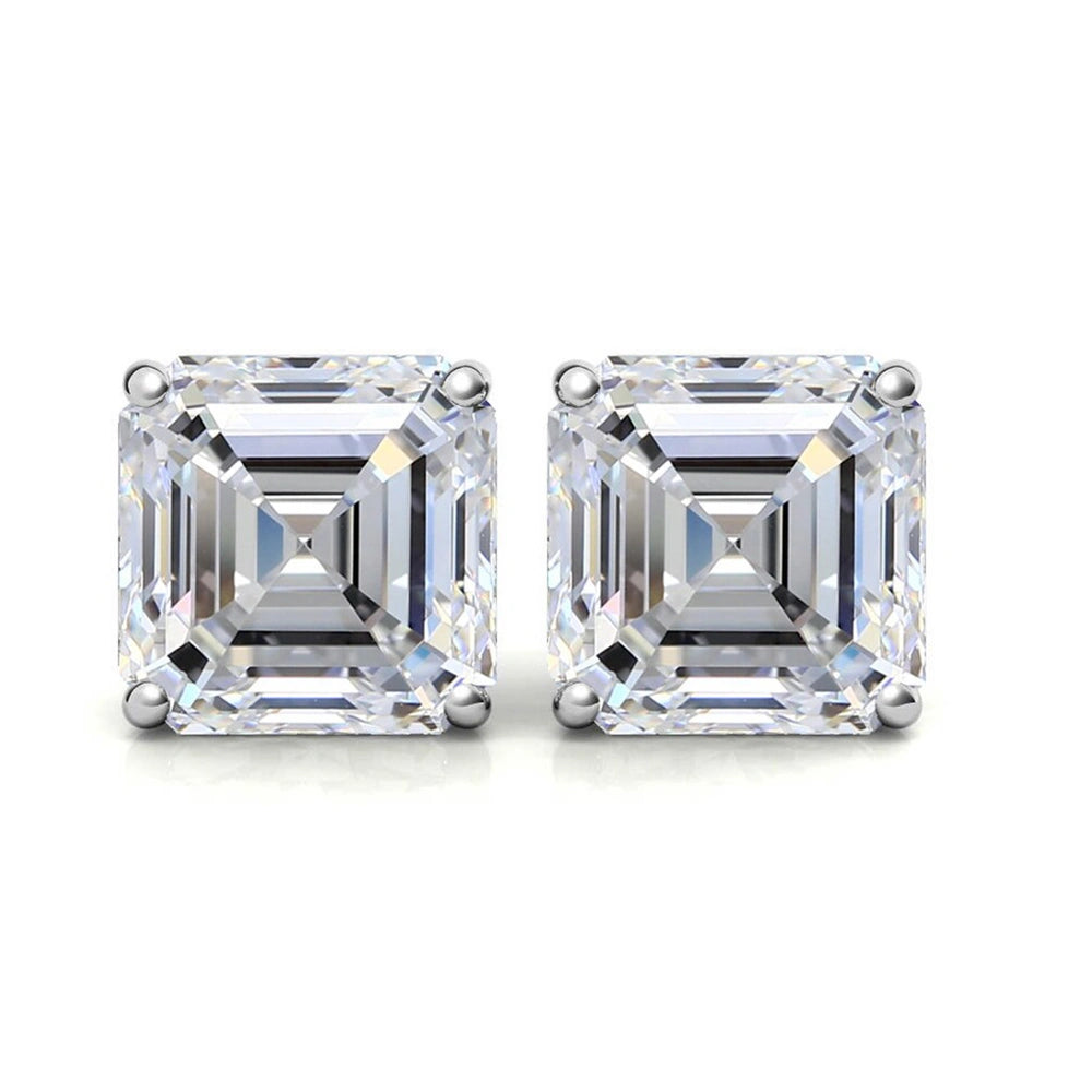 Asscher cut moissanite stud earrings in white gold on a white background, 2ct square step cut pair front view - Sensitive Stones