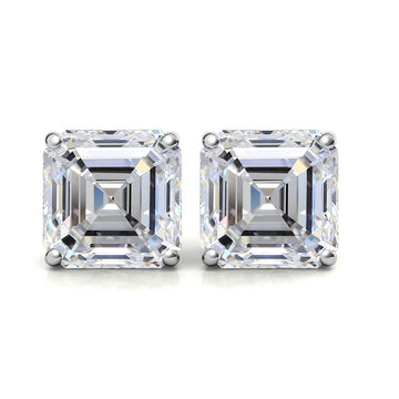 Asscher cut moissanite stud earrings in white gold on a white background, 2ct square step cut pair front view - Sensitive Stones
