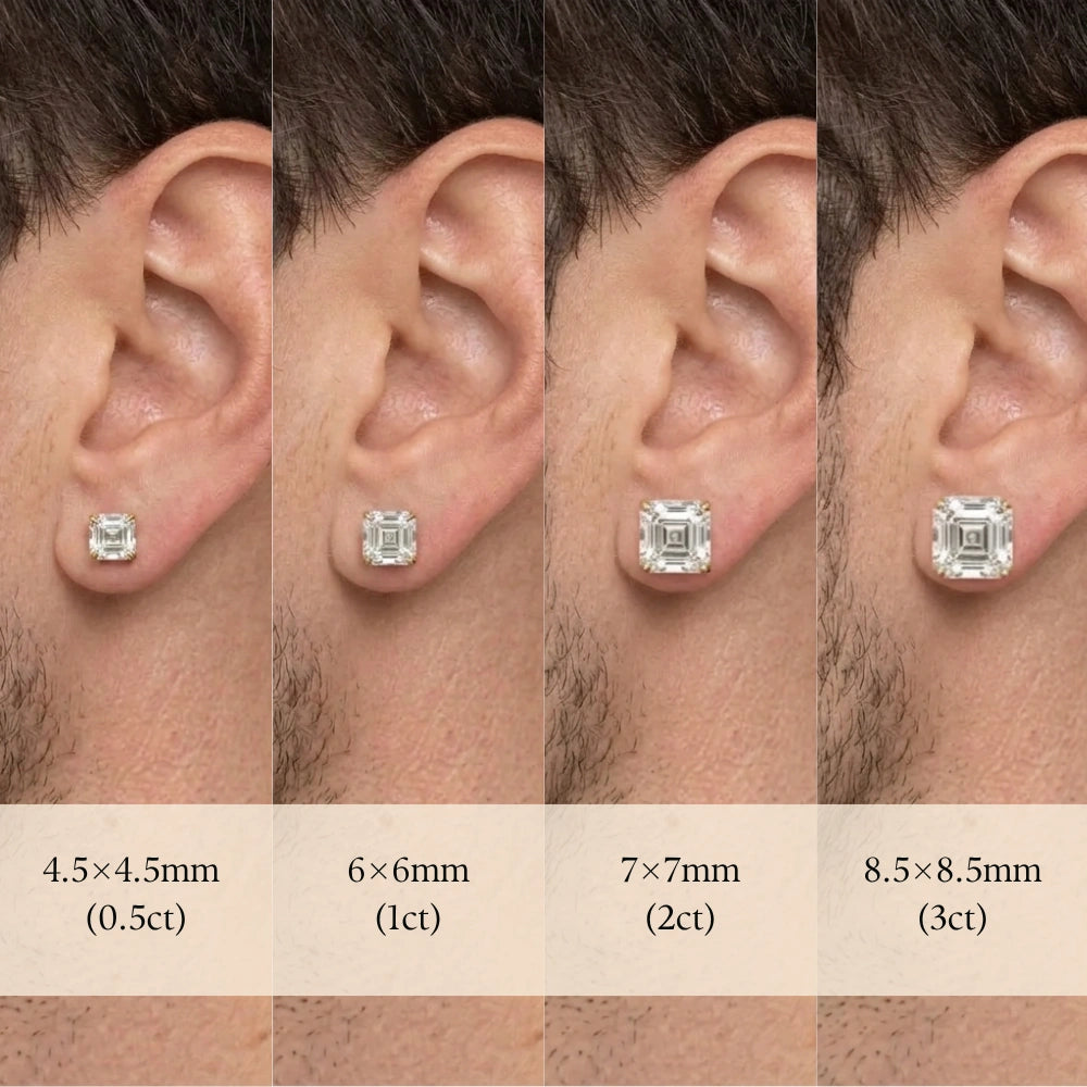 Asscher cut moissanite stud earrings size guide on a man's ear from 0.5ct 4.5mm to 3ct 8.5mm - Sensitive Stones