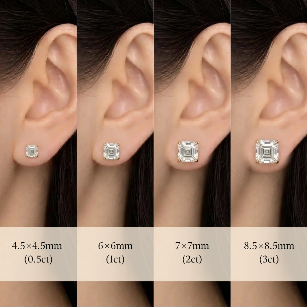 Asscher cut moissanite stud earrings size guide on a woman's ear from 0.5ct 4.5mm to 3ct 8.5mm - Sensitive Stones