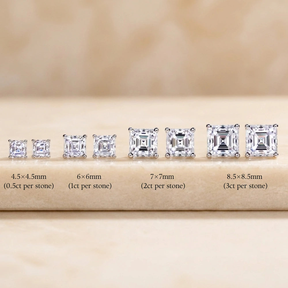 Asscher cut moissanite stud earrings size guide on the ear, 4.5mm 0.5ct up to 8.5mm 3ct - Sensitive Stones