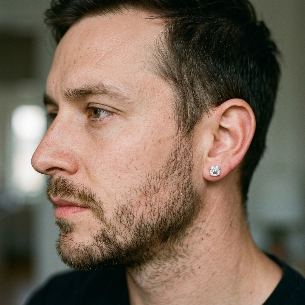 Man wearing an asscher cut moissanite stud earring in white gold, side profile close up - Sensitive Stones