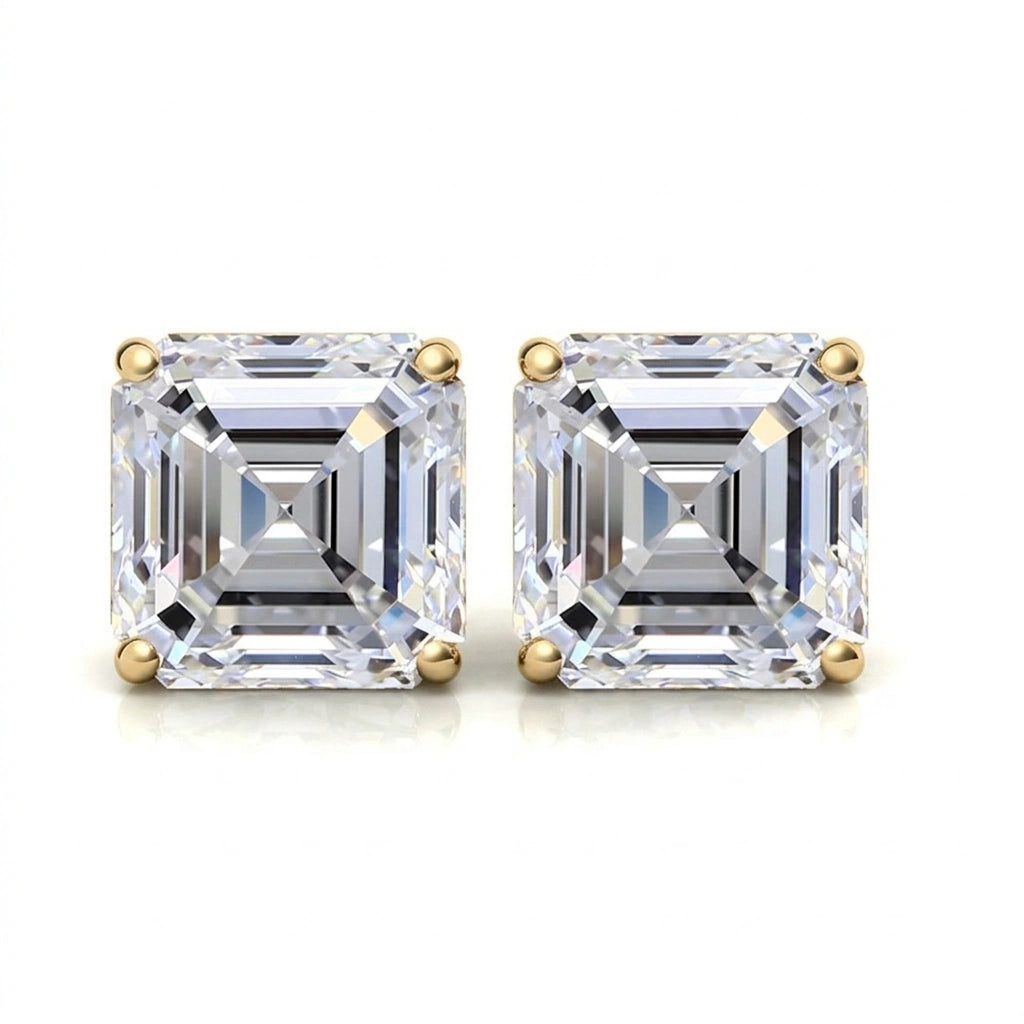 Asscher cut moissanite stud earrings in 18K yellow gold on a white background, 2ct square step cut pair - Sensitive Stones