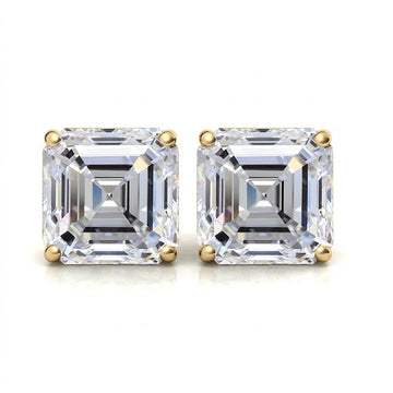 Asscher cut moissanite stud earrings in 18K yellow gold on a white background, 2ct square step cut pair - Sensitive Stones