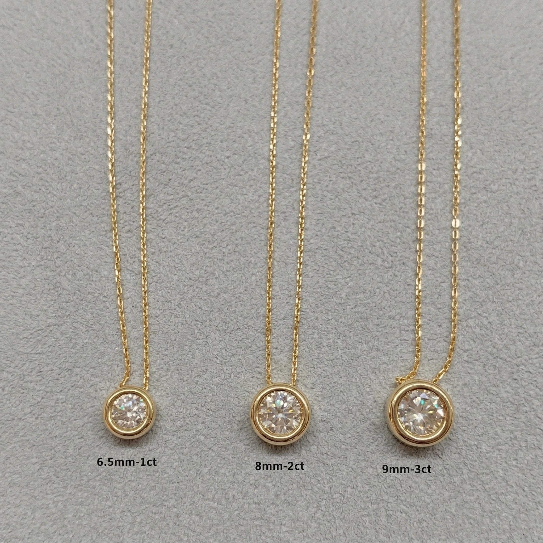 Bezel moissanite necklace size comparison 6.5mm 1ct, 8mm 2ct and 9mm 3ct in sterling silver finished with 18k gold- Sensitive Stones