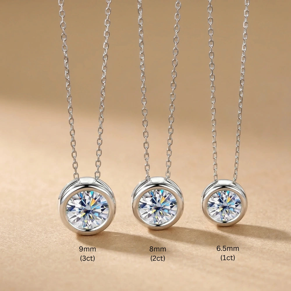 Bezel moissanite necklace size comparison 6.5mm 1ct, 8mm 2ct and 9mm 3ct in sterling silver - Sensitive Stones