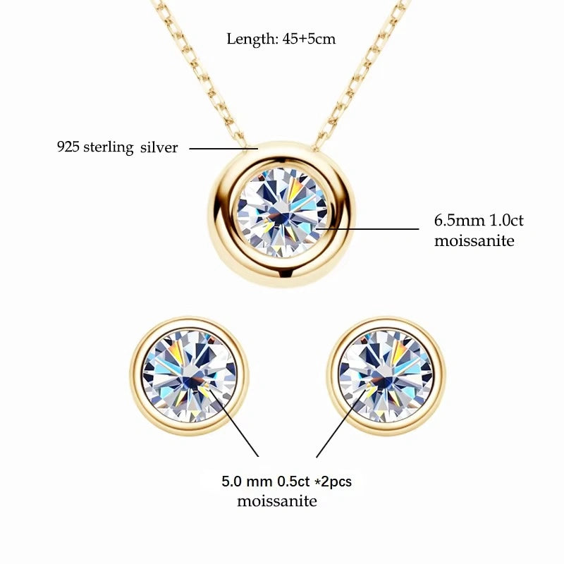 Bezel moissanite necklace and stud earrings set in 18K gold with specs showing 6.5mm 1ct pendant and 5mm 0.5ct studs - Sensitive Stones