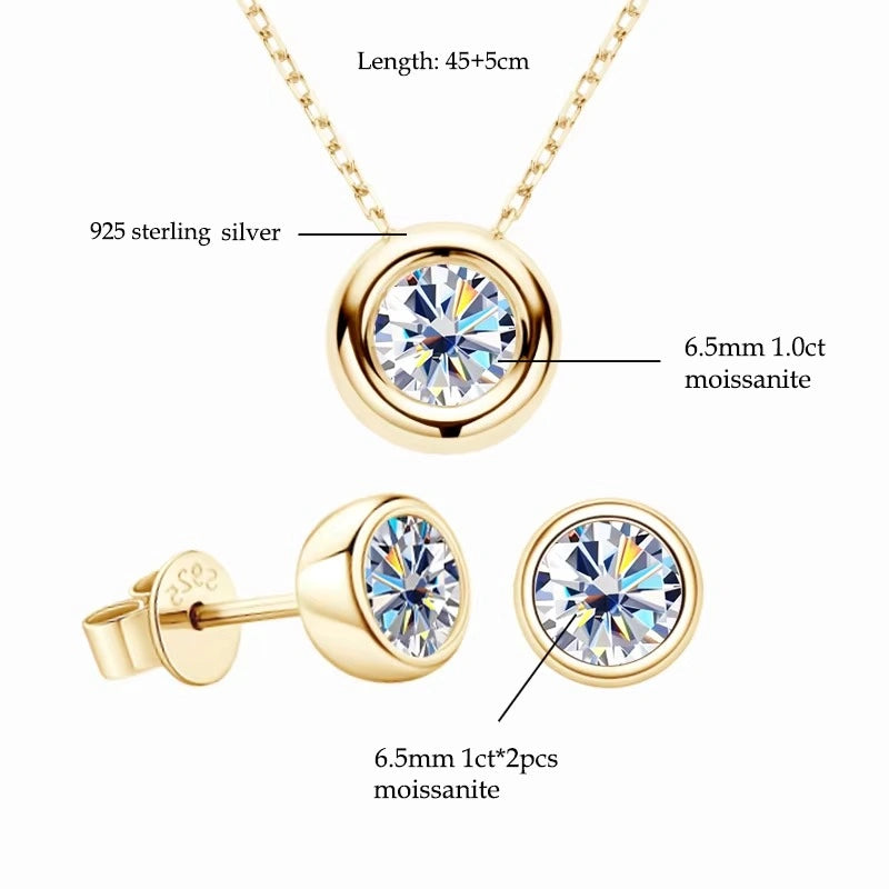 Bezel moissanite necklace and stud earrings set in 18K gold with specs showing 6.5mm 1ct pendant and 6.5mm 1ct studs - Sensitive Stones