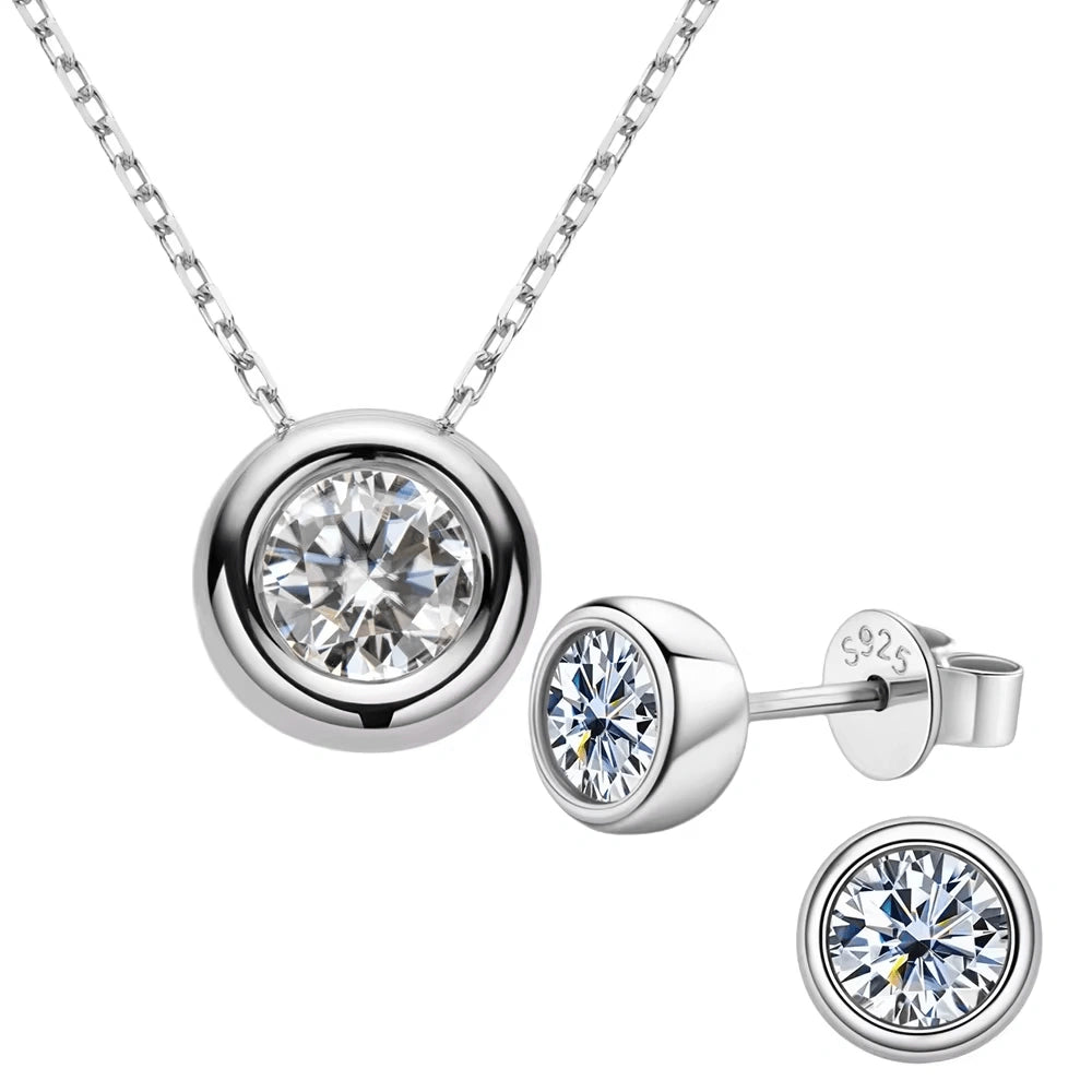 Set of 1ct Bezel moissanite necklace and 1ct stud earrings set in 925 sterling silver showing S925 stamp - Sensitive Stones