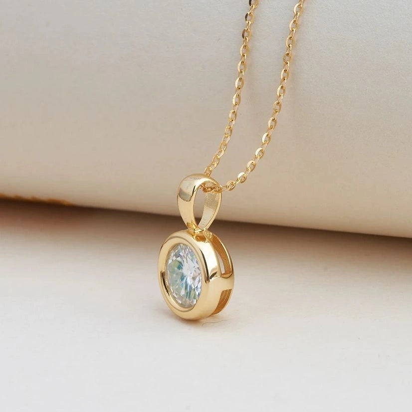 Bezel moissanite solitaire pendant on an adjustable cable chain - Sensitive Stones
