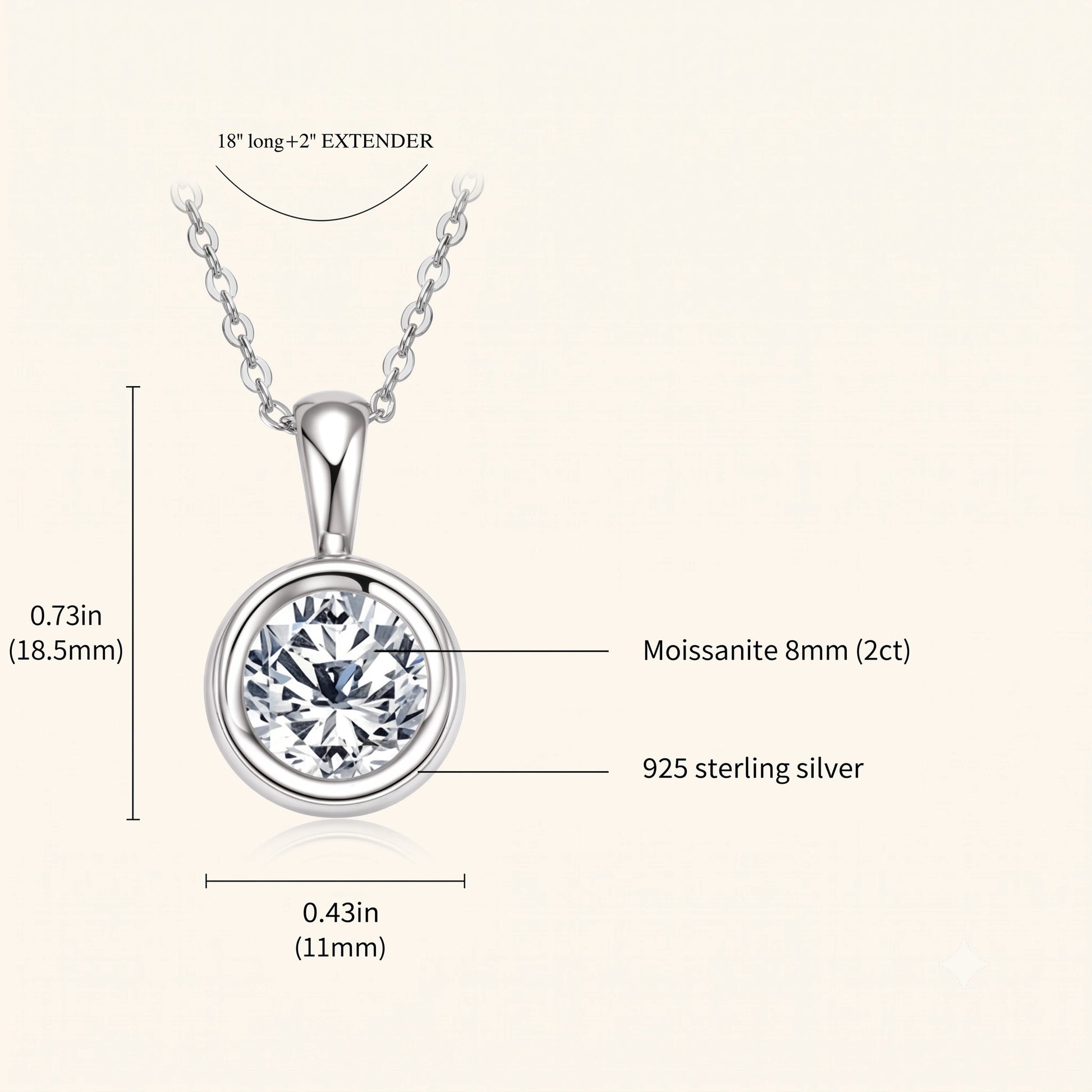 Bezel moissanite solitaire pendant size guide, 8mm 2ct moissanite, 11mm by 18.5mm pendant on an 18 inch chain - Sensitive Stones