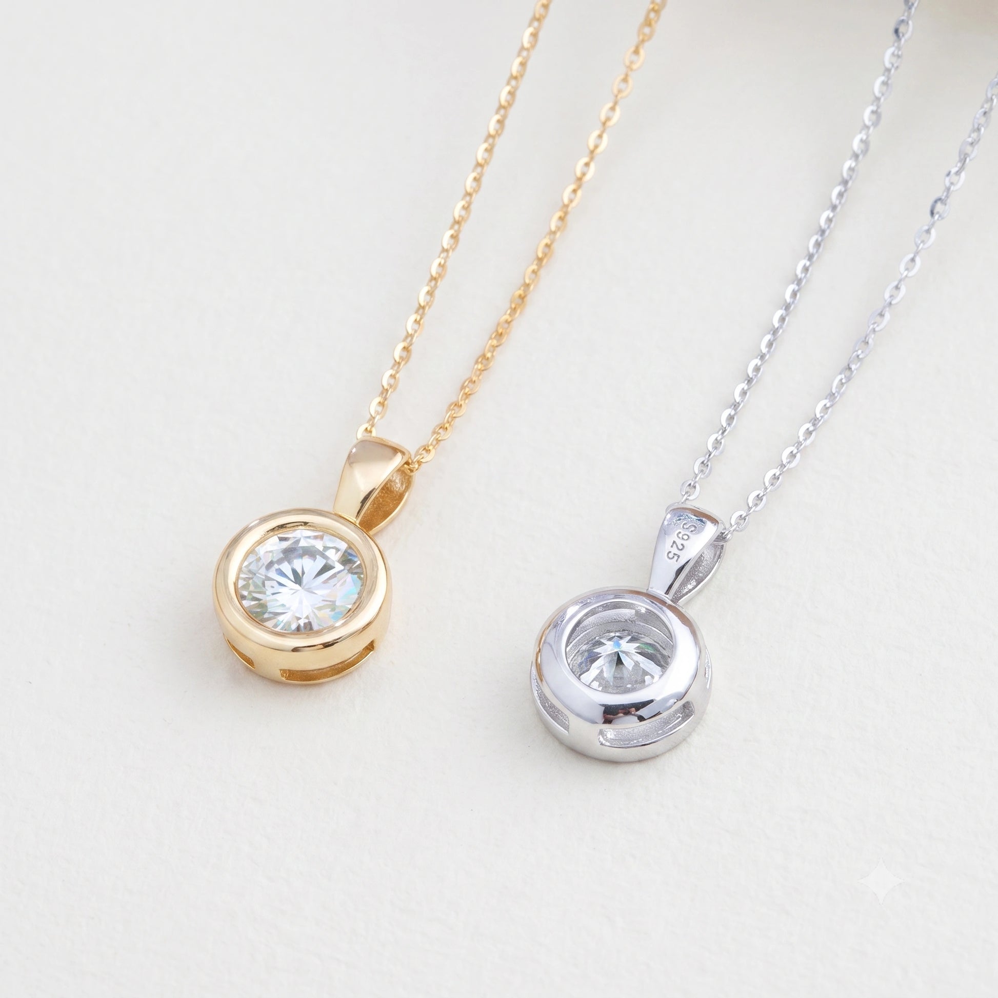 Bezel moissanite solitaire pendant in white gold and yellow gold with round D Color moissanite - Sensitive Stones