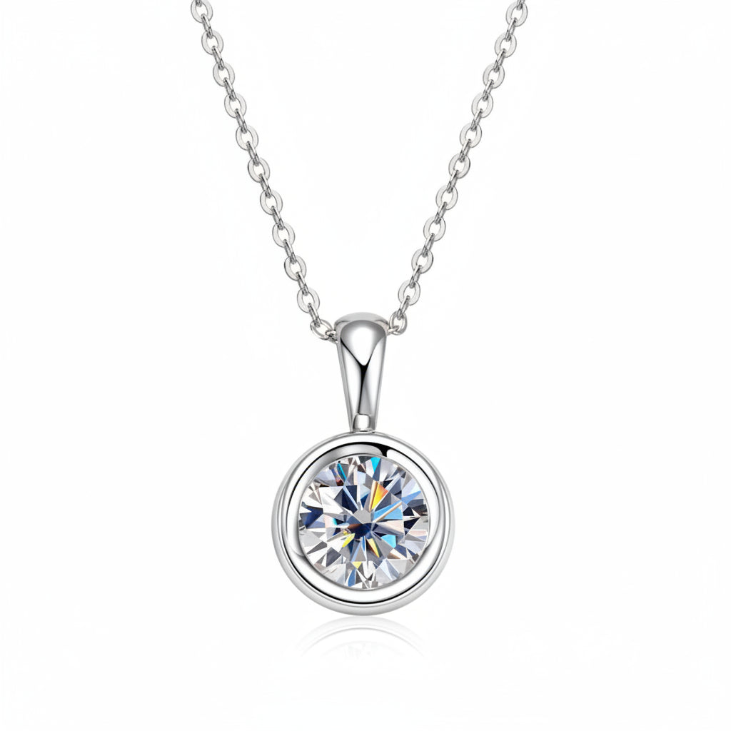 Bezel moissanite solitaire pendant in white gold with a round D Color moissanite - Sensitive Stones