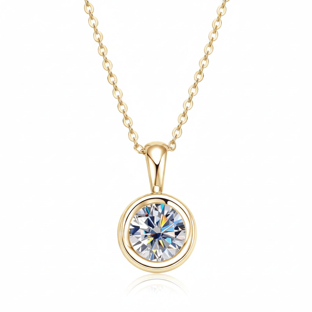 Bezel moissanite solitaire pendant in yellow gold with a round D Color moissanite - Sensitive Stones