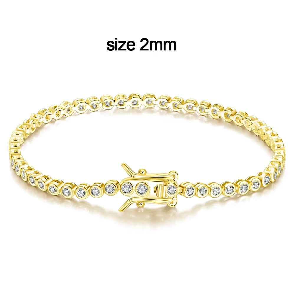 Dainty bezel moissanite tennis bracelet in 2mm size with D color VVS1 round stones in solid 925 sterling silver with yellow gold plating and secure double clasp - Sensitive Stones