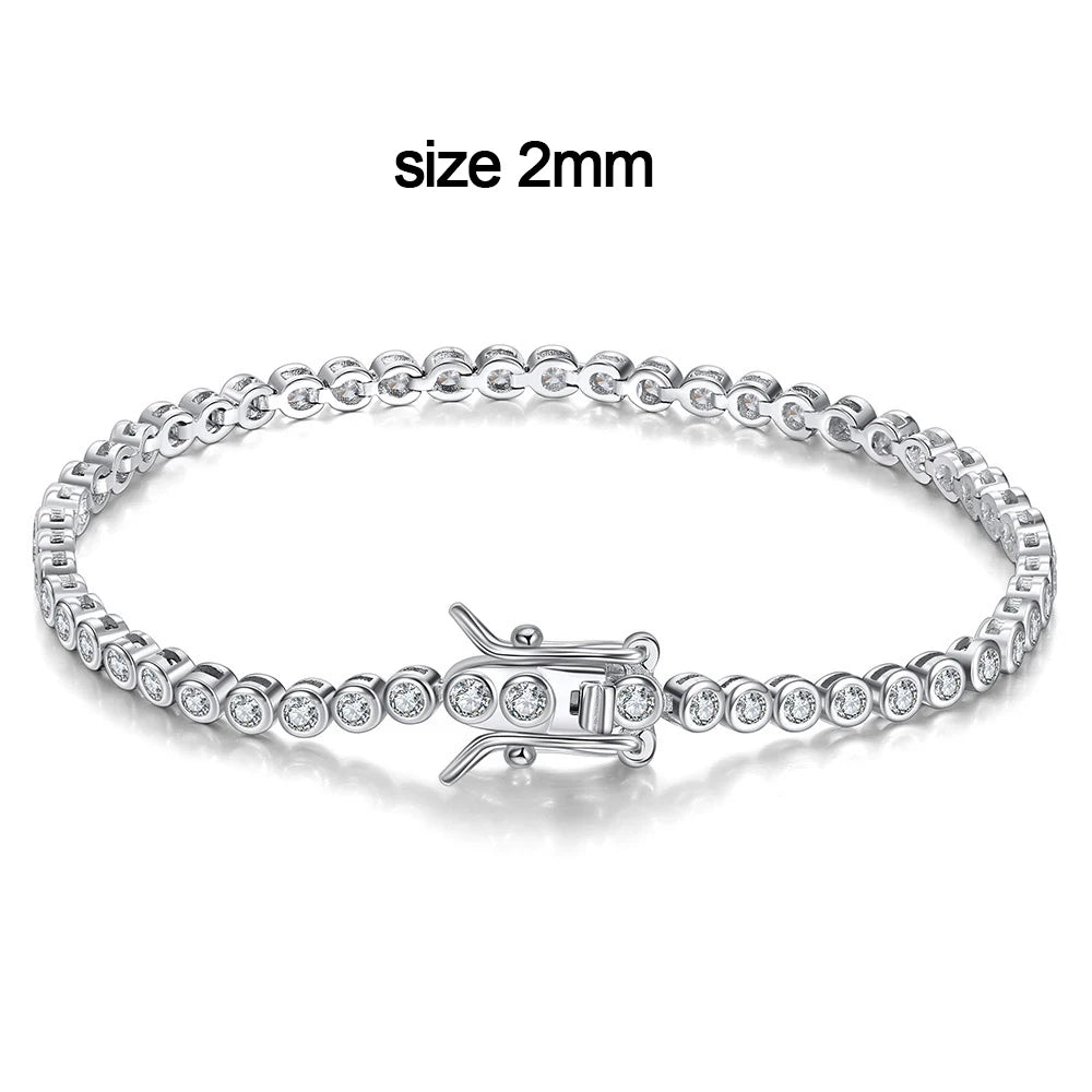 Dainty bezel moissanite tennis bracelet in 2mm size with D color VVS1 round stones in solid 925 sterling silver and secure double clasp - Sensitive Stones