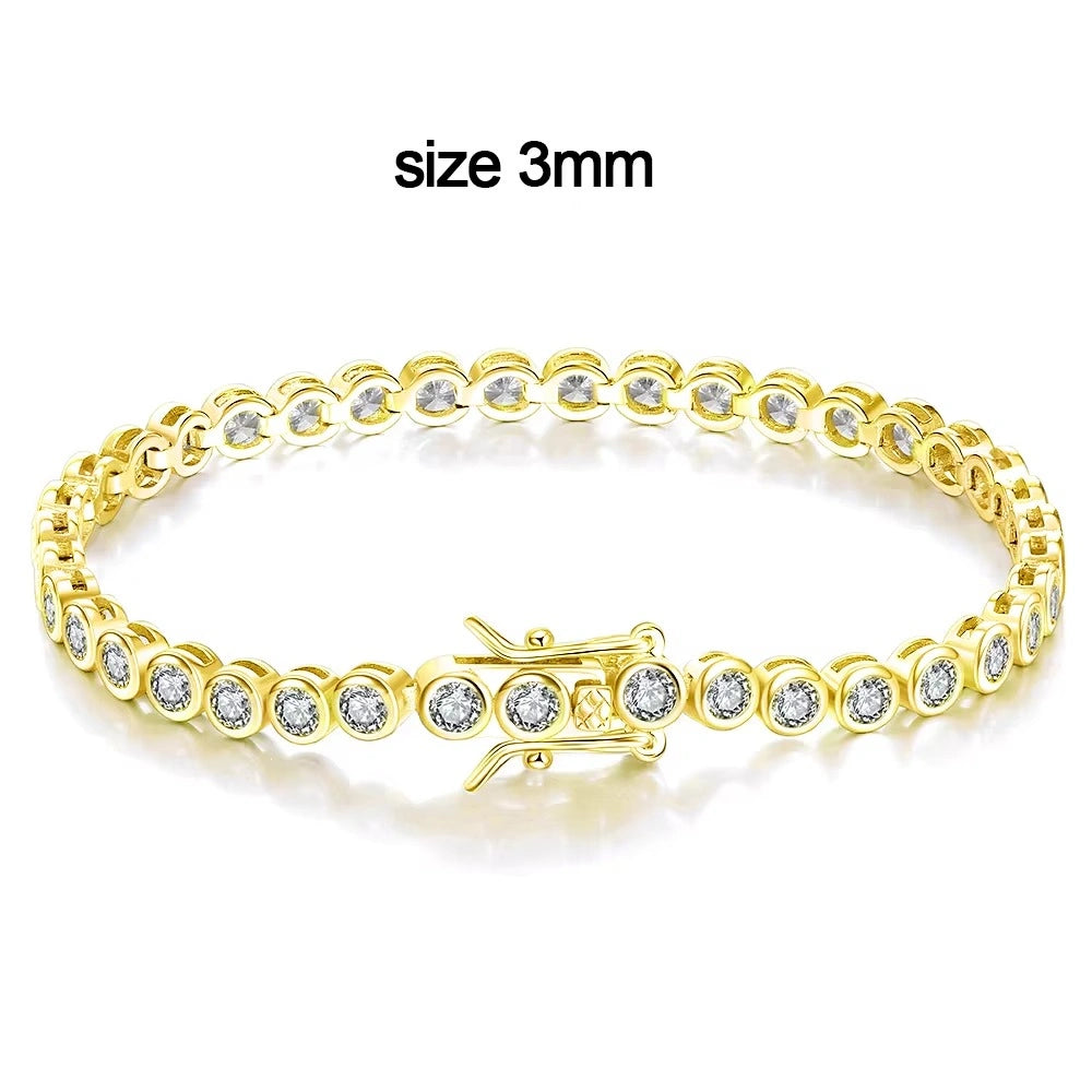 Bezel moissanite tennis bracelet in 3mm size with D color VVS1 stones and double safety clasp in solid 925 sterling silver, 18K yellow gold plated - Sensitive Stones