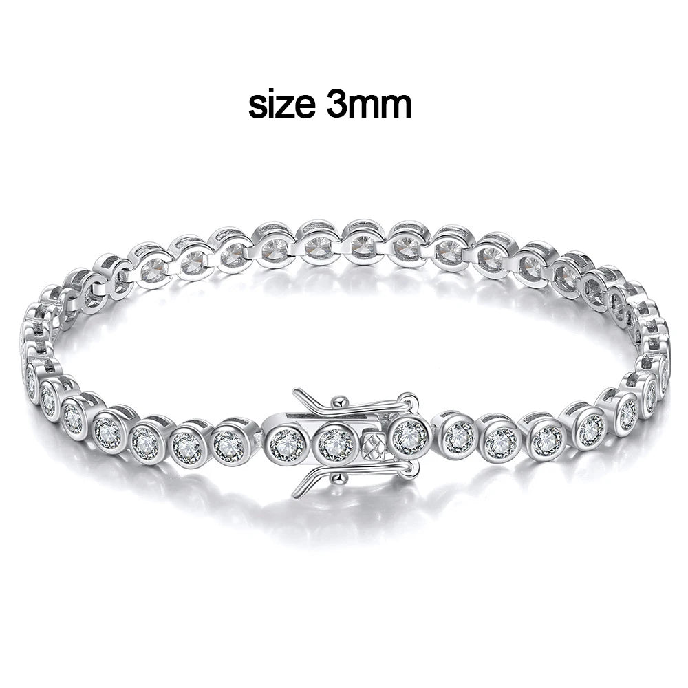 Bezel moissanite tennis bracelet in 3mm size with D color VVS1 stones and double safety clasp in solid 925 sterling silver, 18K white gold plated - Sensitive Stones