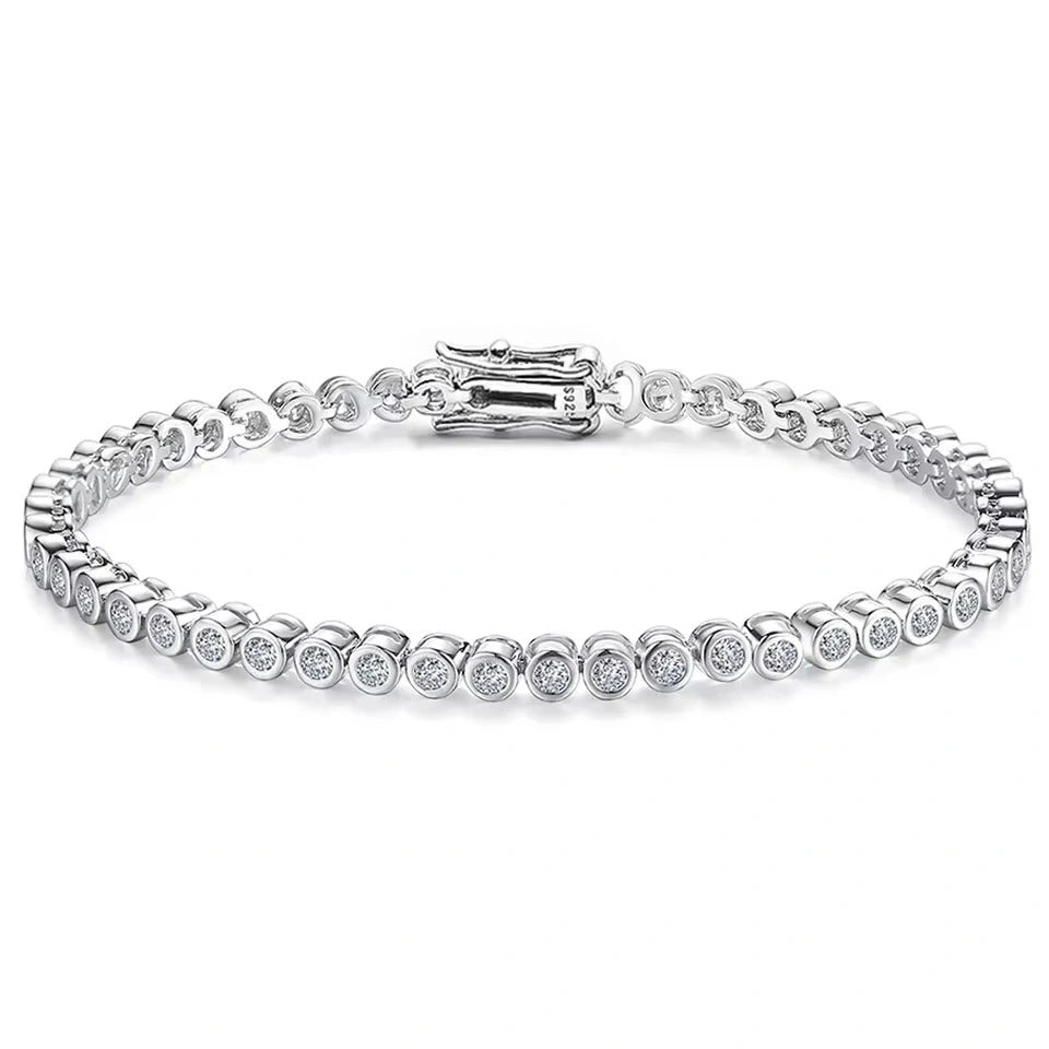 Bezel moissanite tennis bracelet with D color VVS1 stones and double safety clasp in solid 925 sterling silver and 18K white gold plated - Sensitive Stones