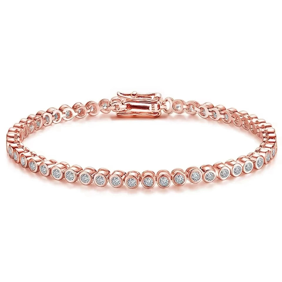 Bezel moissanite tennis bracelet in 3mm size with D color VVS1 stones and double safety clasp in solid 925 sterling silver, 18K rose gold plated - Sensitive Stones