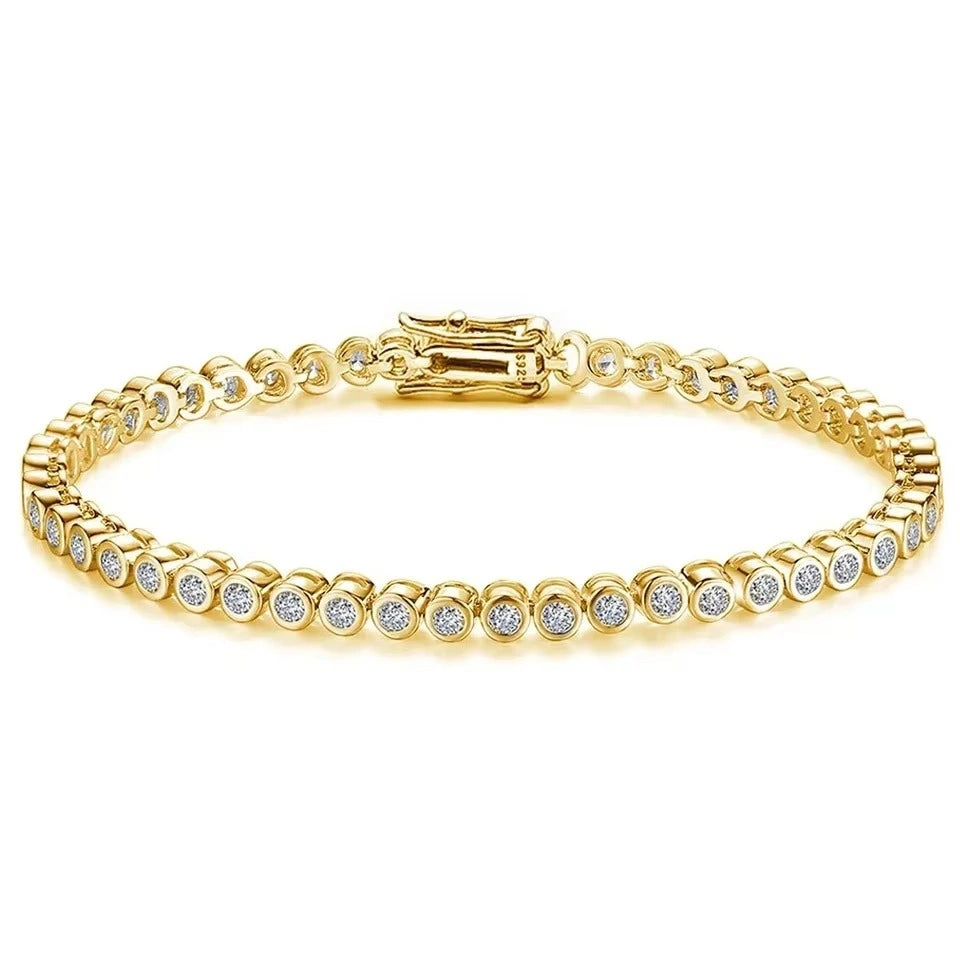 Bezel moissanite tennis bracelet in 3mm size with D color VVS1 stones and double safety clasp in solid 925 sterling silver, 18K yellow gold plated - Sensitive Stones