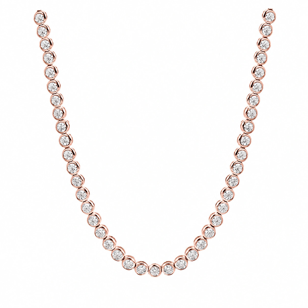Bezel moissanite tennis necklace in 18K rose gold plated 925 sterling silver with rub-over set D VVS1 stones