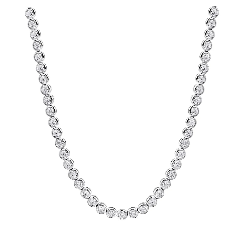 Bezel moissanite tennis necklace in 18K white gold plated 925 sterling silver with rub-over set D VVS1 stones