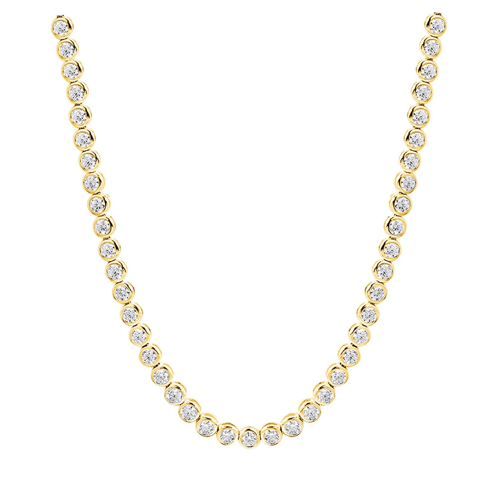 Bezel moissanite tennis necklace in 18K yellow gold plated 925 sterling silver with rub-over set D VVS1 stones
