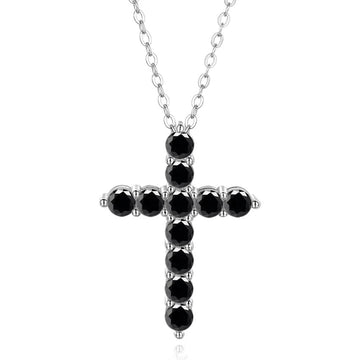Black moissanite cross pendant necklace in 925 sterling silver plated with 18k white gold and set in O-chain - Sensitive Stones