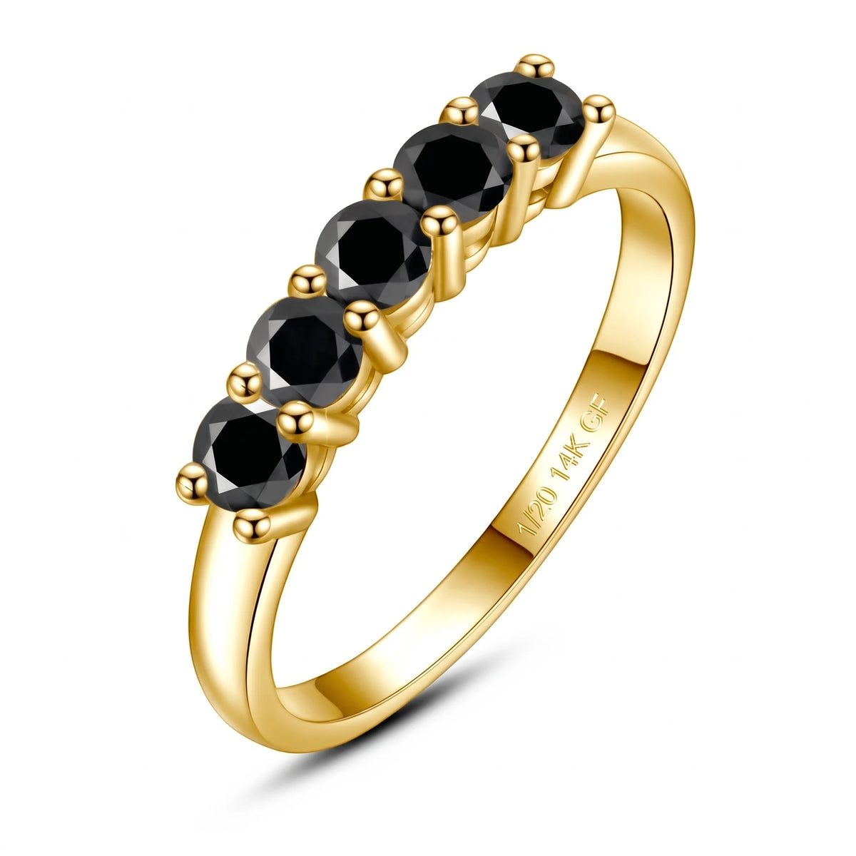 Black moissanite five stone stackable ring in 14K gold filled, shown at an angle with the 1/20 14K GF stamp visible inside the band - Sensitive Stones