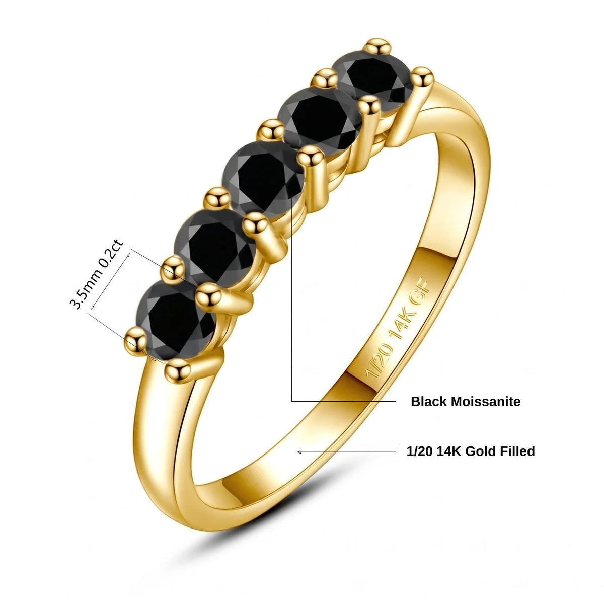 Specification diagram of the black moissanite five stone stackable ring showing 3.5mm 0.2ct black moissanite and the 1/20 14K Gold Filled stamp - Sensitive Stones