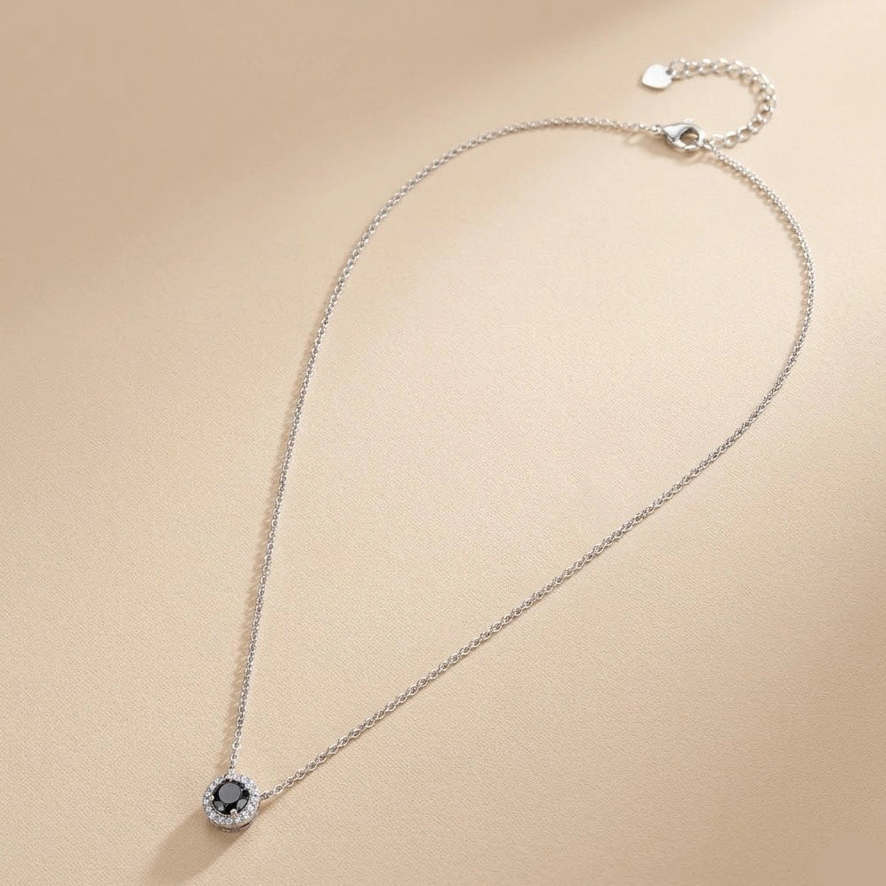 Black moissanite halo pendant necklace in 925 sterling silver with cubic zirconia accents and adjustable chain - Sensitive Stones