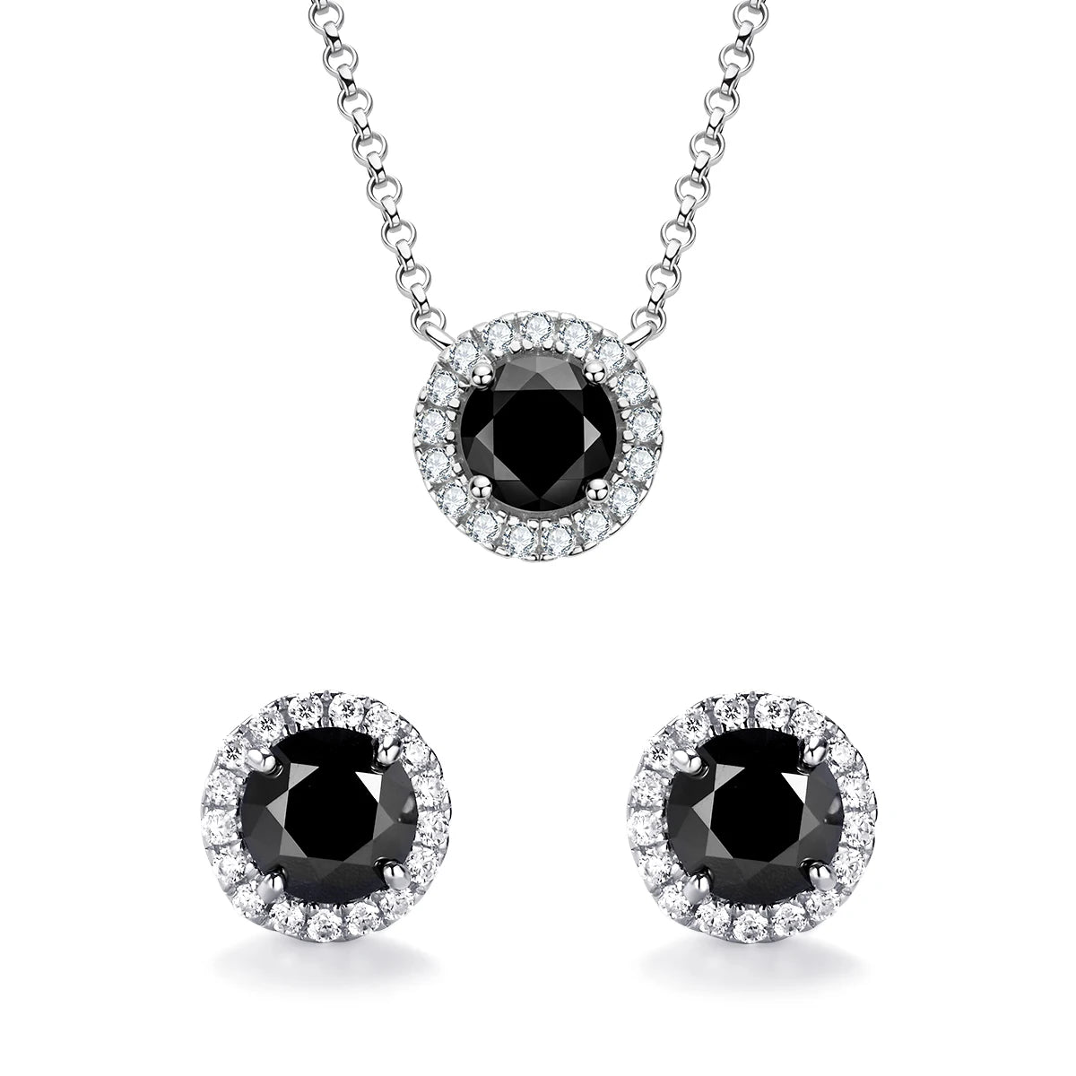 Black moissanite halo necklace and stud earrings set in 925 sterling silver with cubic zirconia halo accents on white background - Sensitive Stones