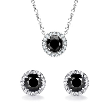 Black moissanite halo necklace and stud earrings set in 925 sterling silver with cubic zirconia halo accents on white background - Sensitive Stones